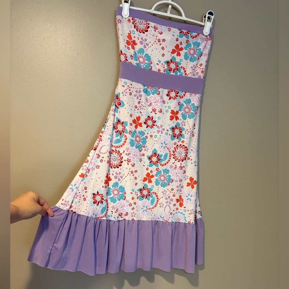vintage 90s y2k ruffle hem strapless floral dress lizzie mcguire stretchy